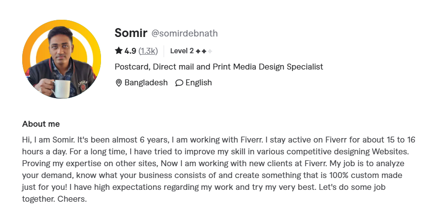 screenshot of somir's fiverr account